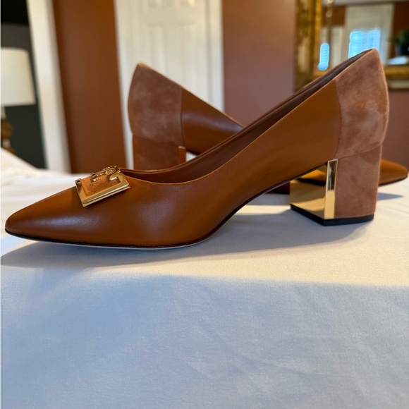 Tory Burch Gigi 55mm Pointy Toe Pump Calf Leather Silk Suede Size 7 - Picture 2 of 12